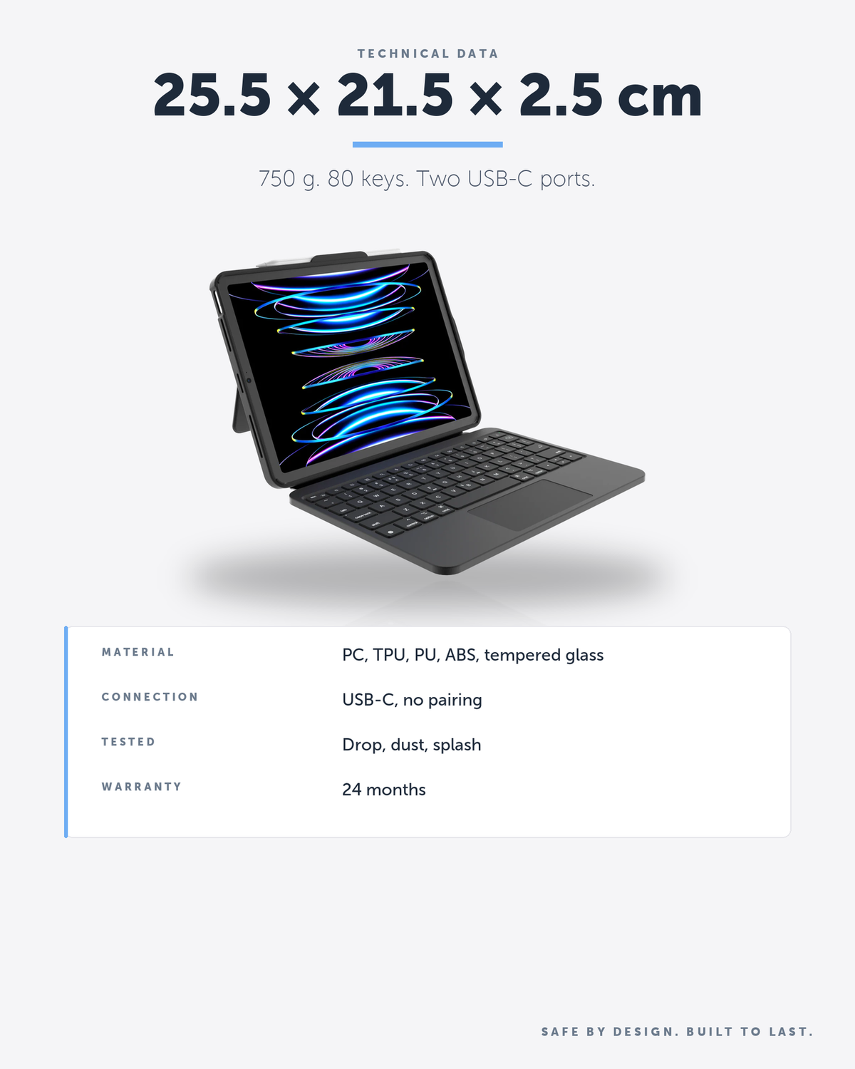 DEQSTER Prime Keyboard, iPad 10th Gen. / A16 – 25.5 × 21.5 × 2.5 cm