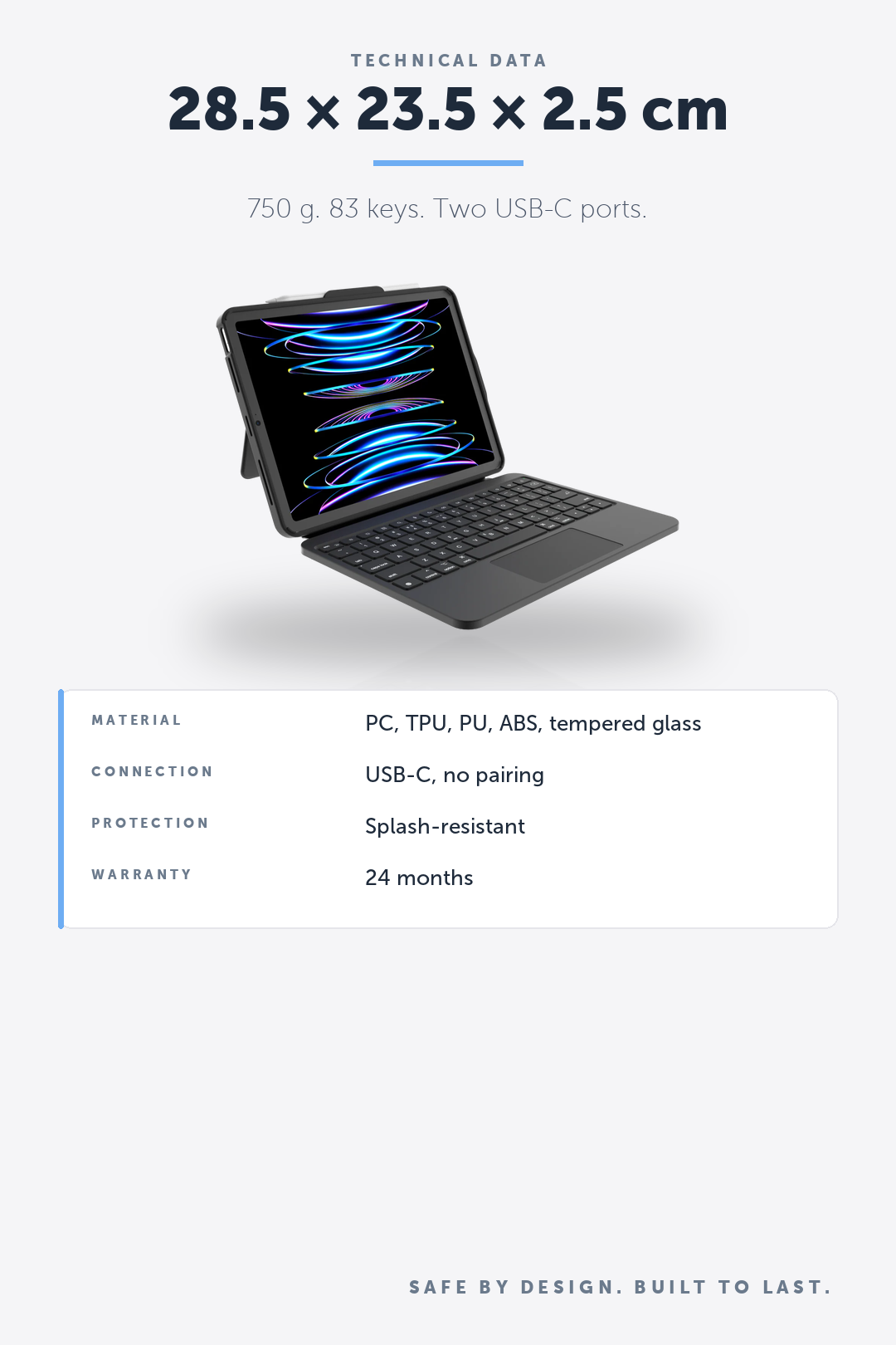 DEQSTER Prime Keyboard, iPad Air 13" (M2 / M3) – 28.5 × 23.5 × 2.5 cm